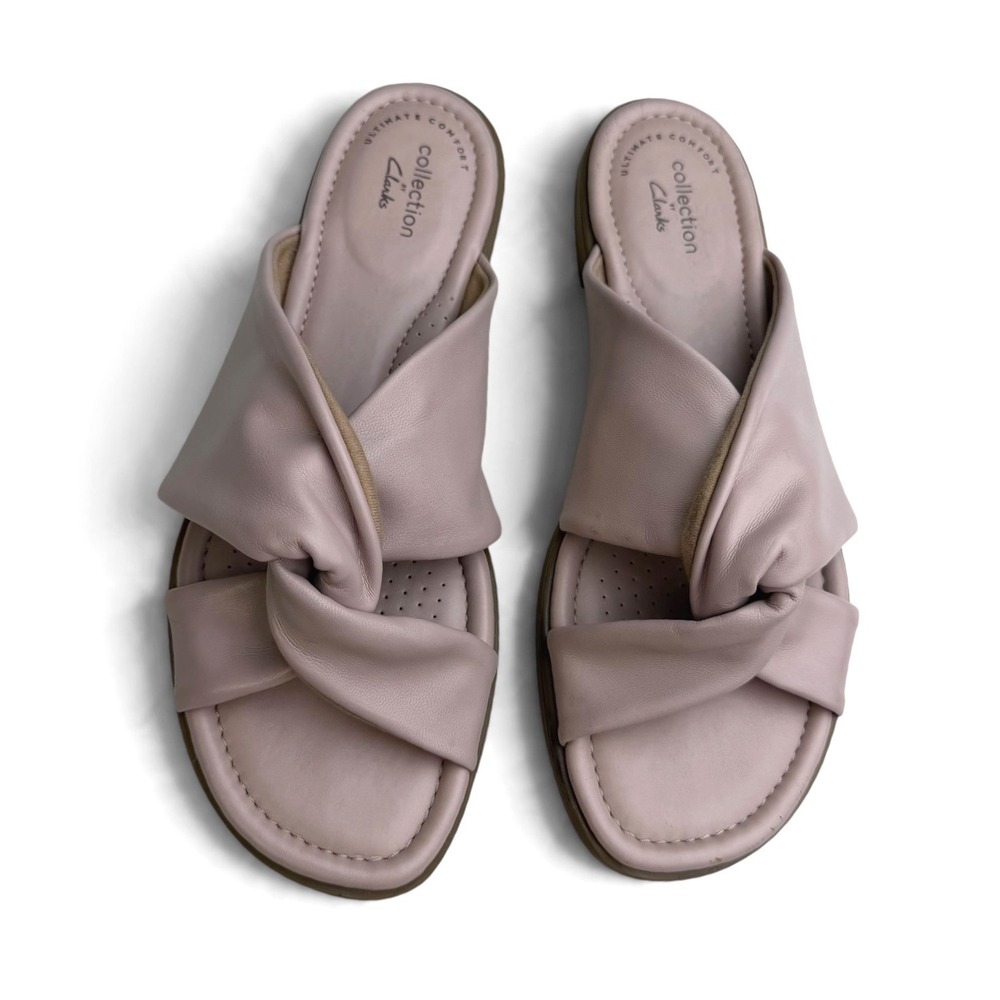 Clarks Mira Tide Leather Slide Sandals Twisted Knot Mauve Comfort Minimalist 8
